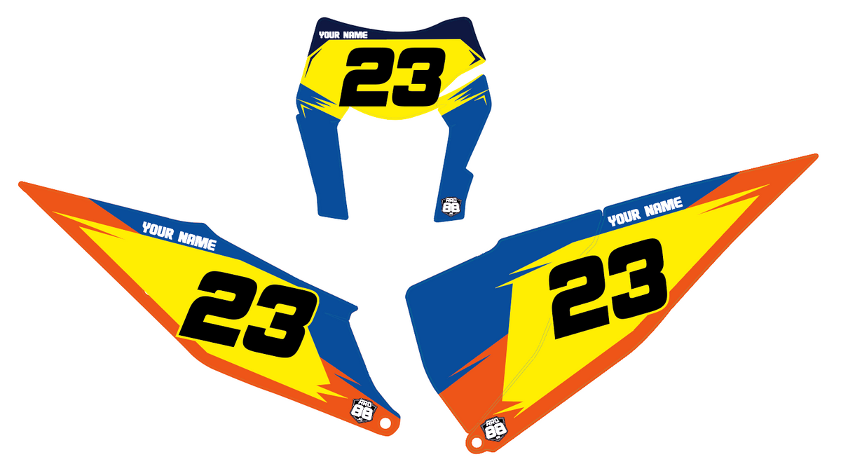 Nummerplåtsdekaler från ARD88 upplagda plant: gula mittfält med blå ramar och orange ytterkanter, gula och blå kilar och namnfält med YOUR NAME i vitt mot mörkblått.