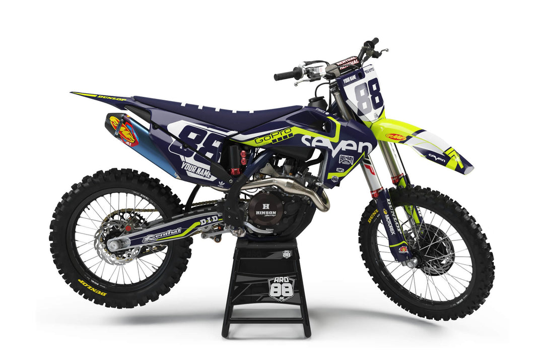 Husqvarna crossmaskin med dekalkitet Seven Blue Lime i mörkblått med neonlime accenter och vita siffror 88