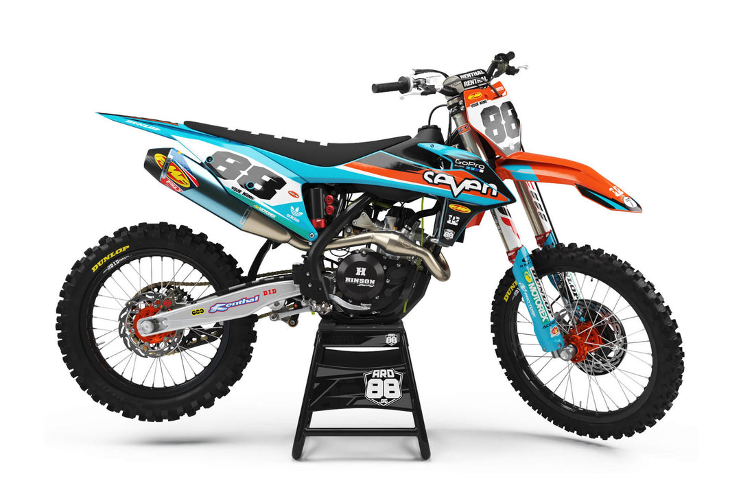 KTM crossmaskin med dekalkitet Wash Replica: ljus turkos bakdel som tonar mot orange fram, vita nummerfält och mörkgrå siffror 88
