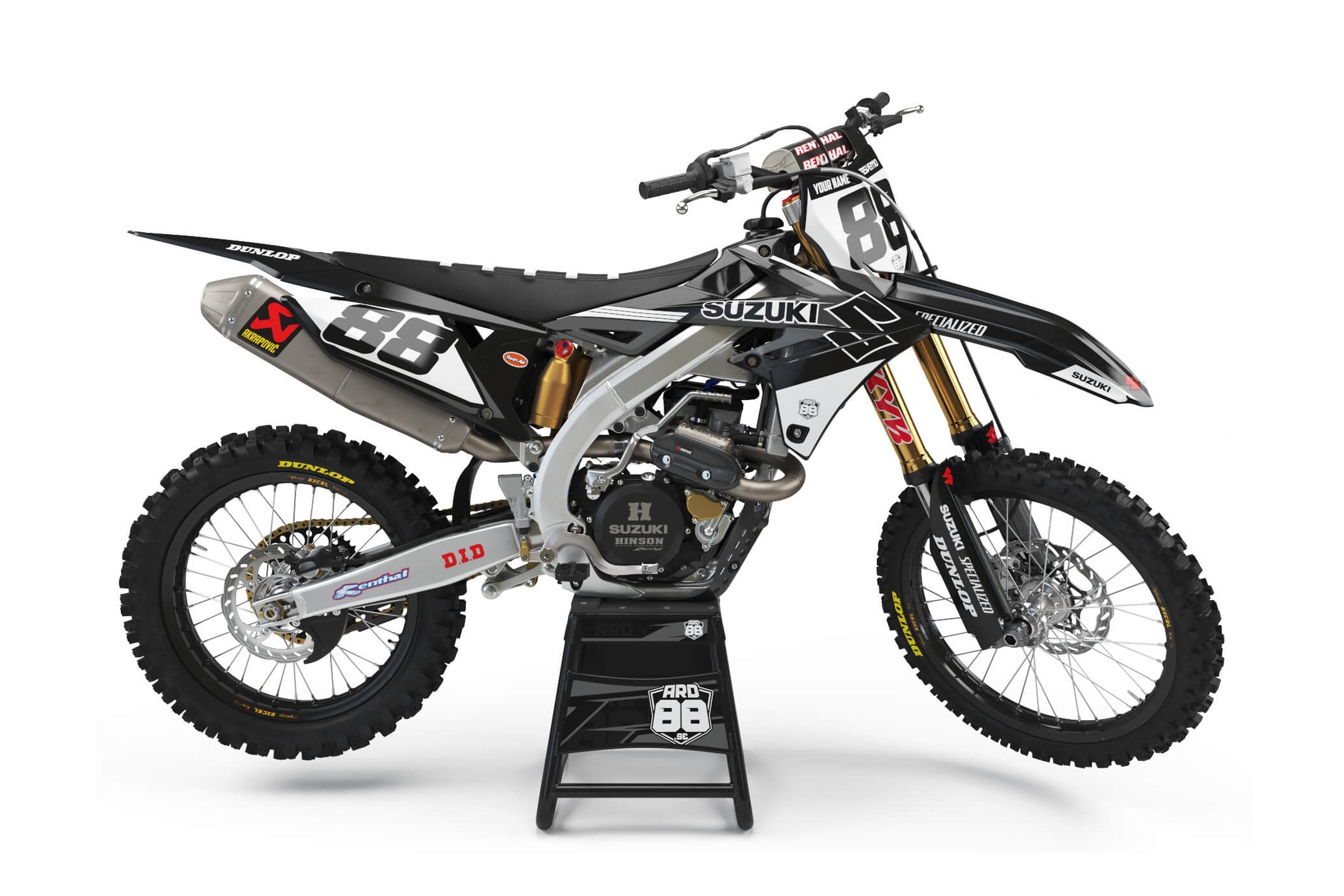 Suzuki-crosshoj med dekalkitet Steel i svart, grått och vitt med stora siffror 88