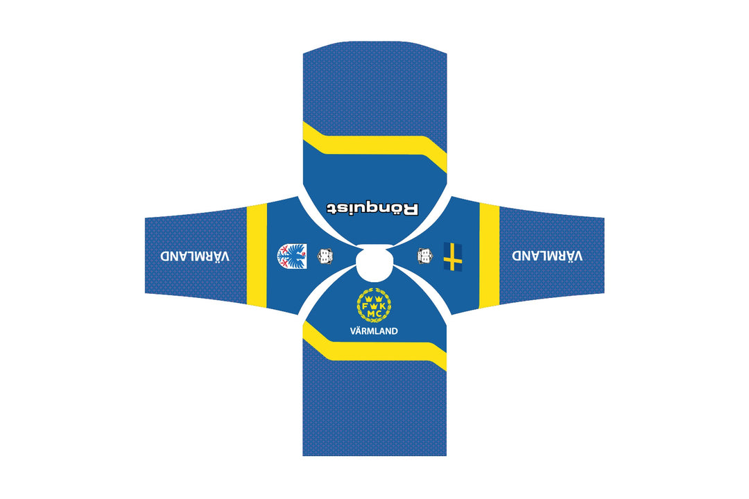 Utfälld designlayout för klubbtröja till FMCK Värmland – blå botten med gula band och vita kanter, klubbmärke, svensk flagga och förarnamn i vitt tryck