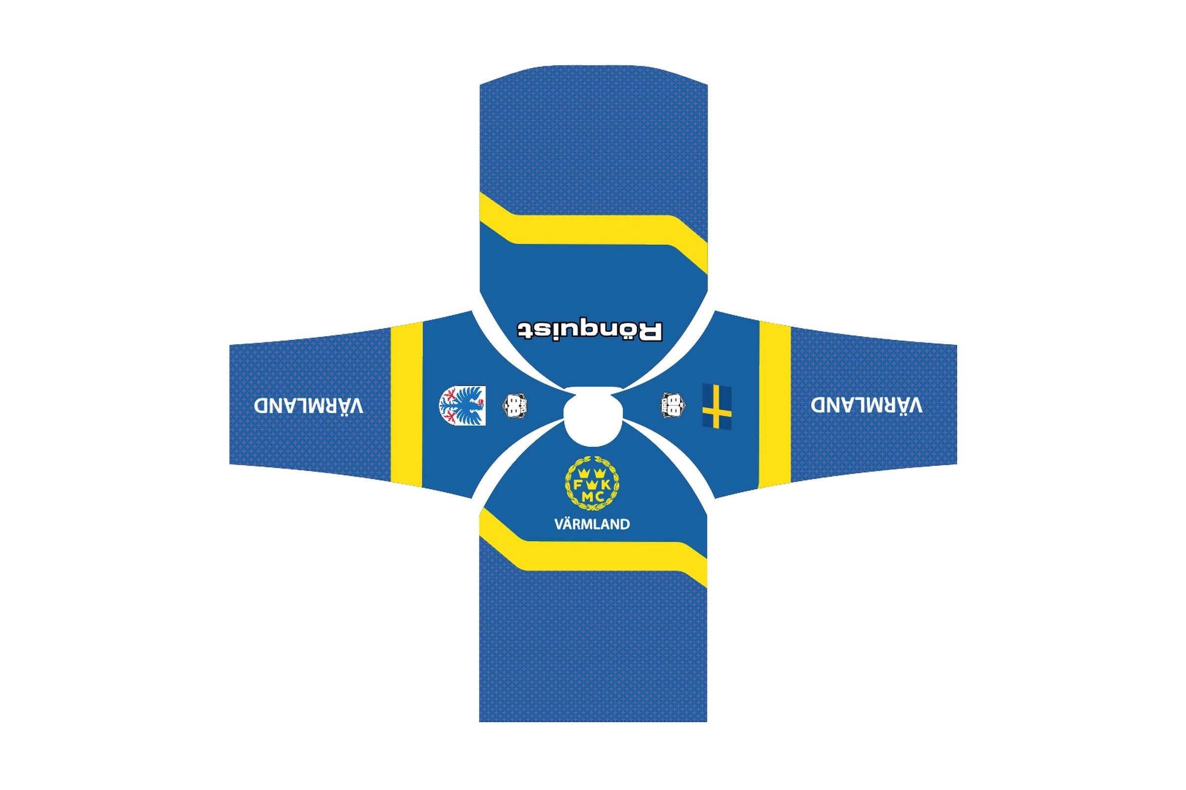Utfälld designlayout för klubbtröja till FMCK Värmland – blå botten med gula band och vita kanter, klubbmärke, svensk flagga och förarnamn i vitt tryck