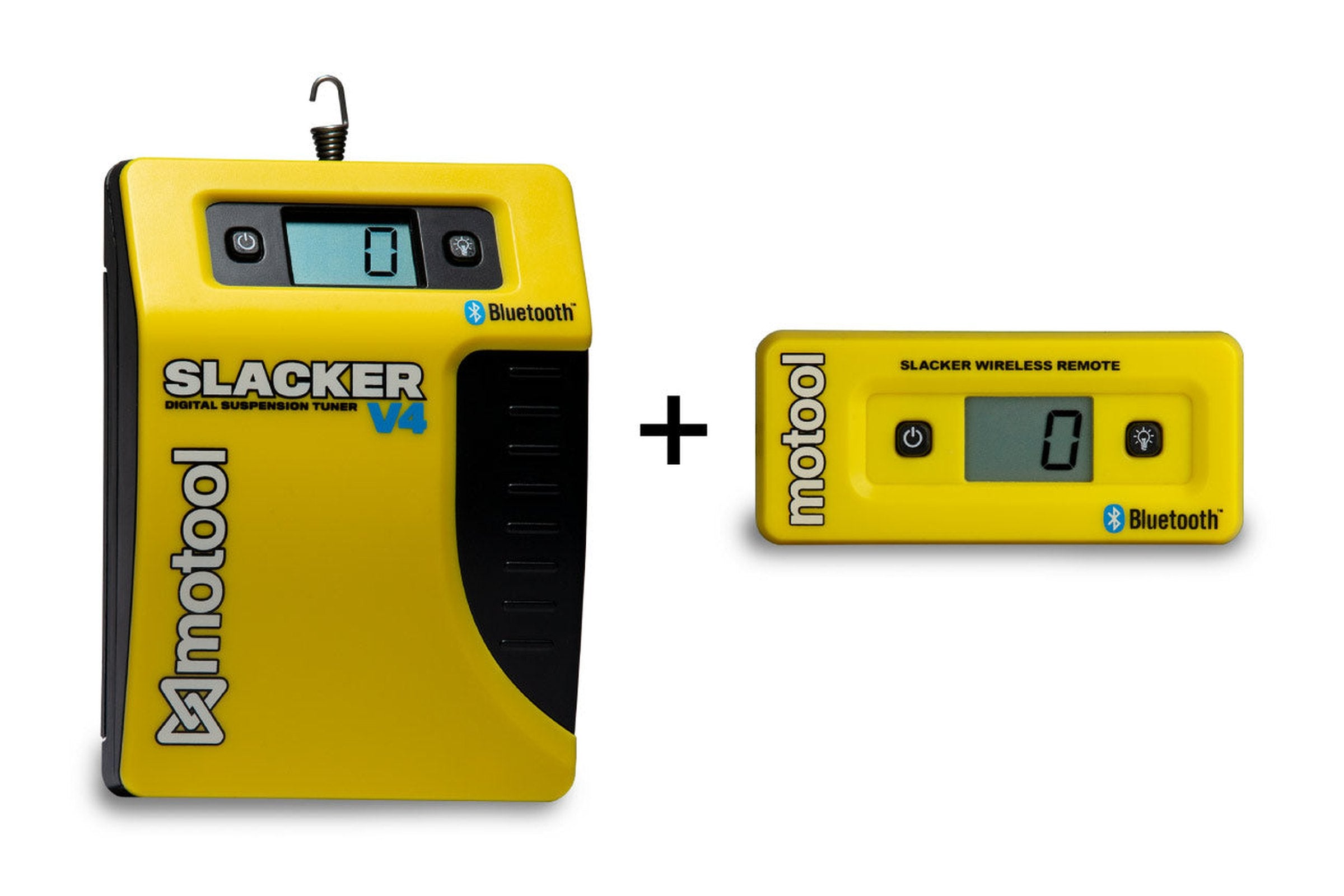 Gul Motool Slacker V4 med svart sidoparti och display, bredvid en gul Slacker Wireless Remote med egen display, båda märkta Bluetooth.