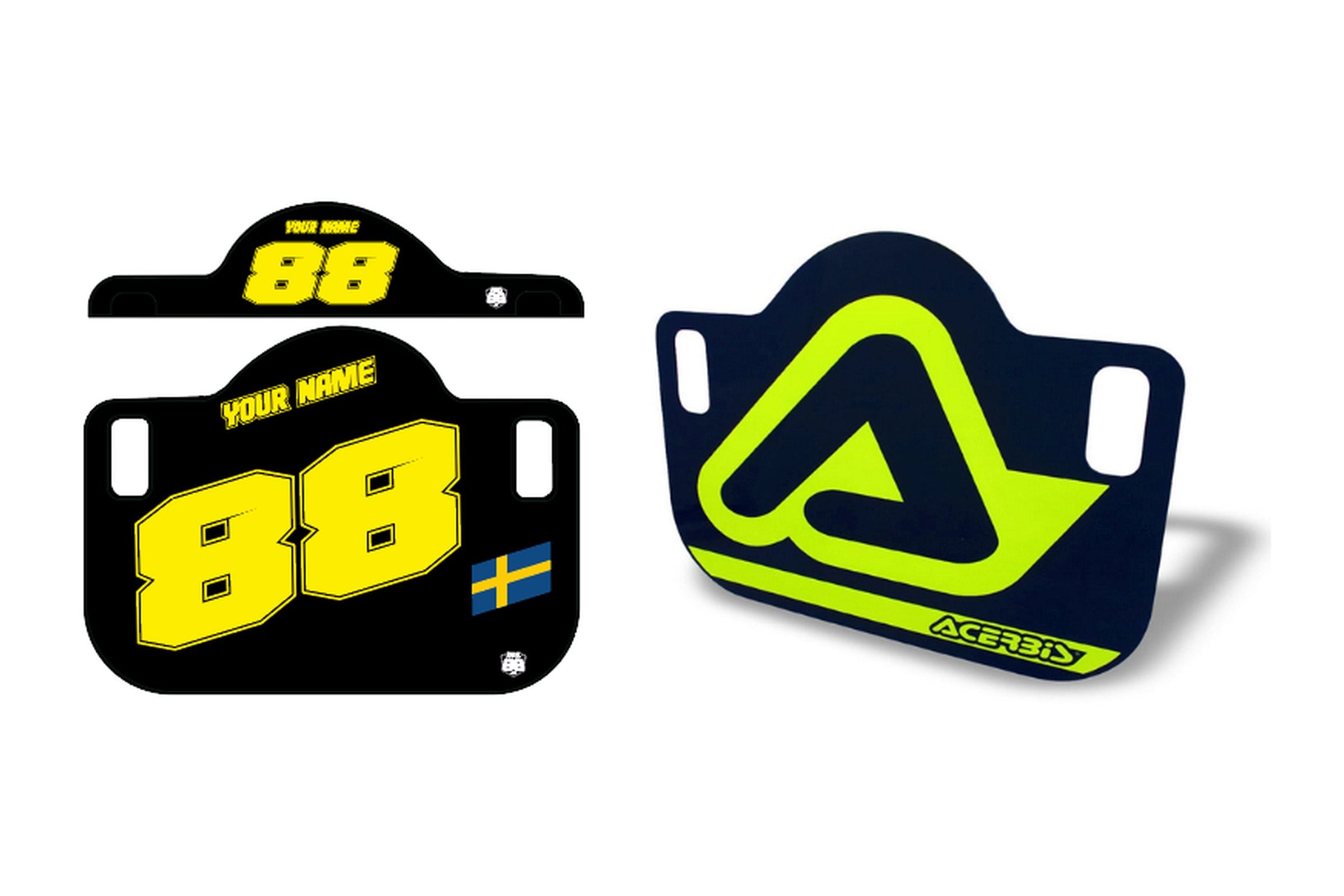 Pit board från ARD88, framsidan svart med stora gula siffror, namnrad och svensk flagga, baksidan mörkblå med ett neongult motiv
